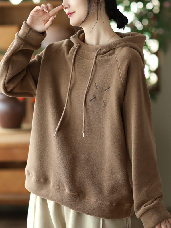 Simple Long Sleeves Loose Velvet Keep Warm Solid Color Hoodies Tops