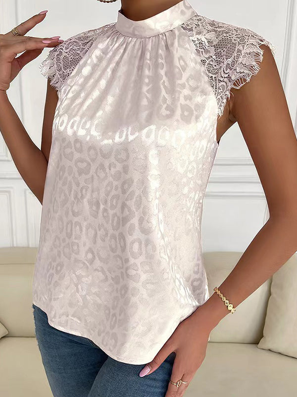 Fringed Leopard Split-Joint Tied Cap Sleeve Loose Mock Neck T-Shirts Tops