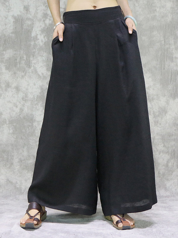 Pockets Solid Color High Waisted Loose Trousers Wide Leg Pants