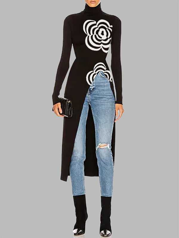 Asymmetric Printed Split-Joint Long Sleeves High Neck T-Shirts