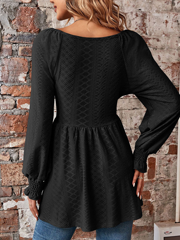 Elasticity Jacquard Pleated Solid Color Long Sleeves V-Neck T-Shirts Tops