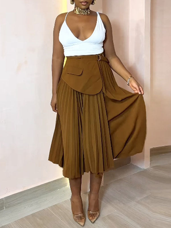 Asymmetric Pleated Solid Color Split-Joint A-Line High Waisted Skirts Bottoms