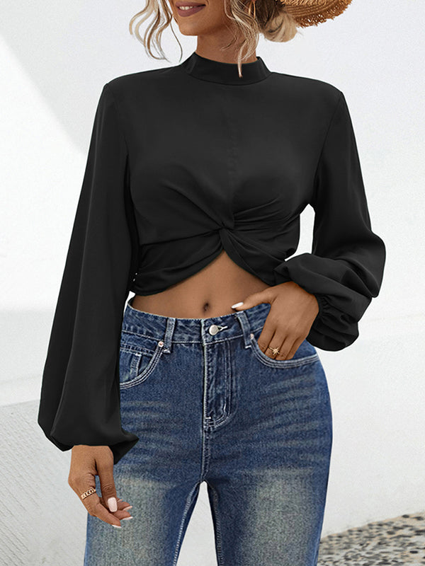 Elasticity Hollow Knot Pleated Ruffled Long Sleeves Puff Sleeves Mock Neck Blouses&Shirts Tops