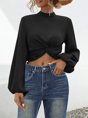 Elasticity Hollow Knot Pleated Ruffled Long Sleeves Puff Sleeves Mock Neck Blouses&Shirts Tops