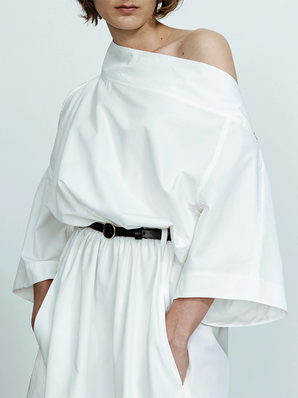 No Belt Solid Color Long Sleeves Loose Off-the-shoulder Midi Dresses