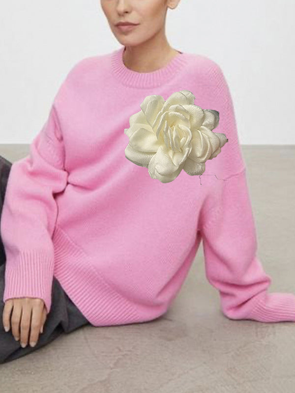 Flower Shape Split-Joint Long Sleeves Loose Round-Neck Sweater Tops