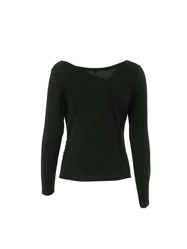 Asymmetric Solid Color Long Sleeves Skinny Asymmetric Collar T-Shirts Tops
