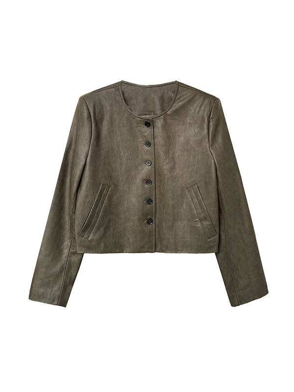 Buttoned Pockets Long Sleeves Loose Round-neck Jackets