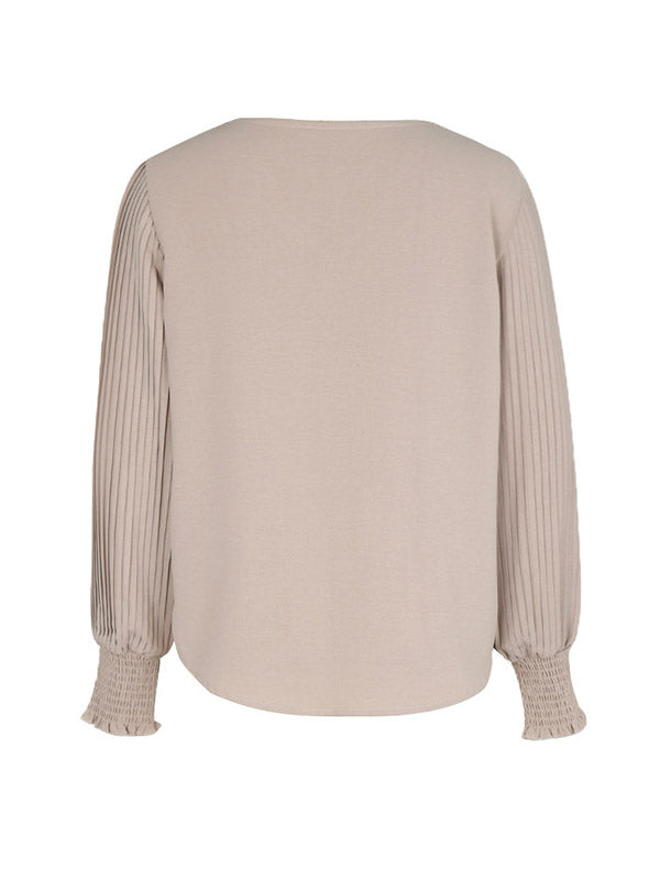 Elasticity Pleated Solid Color Long Sleeves Loose V-Neck T-Shirts Tops