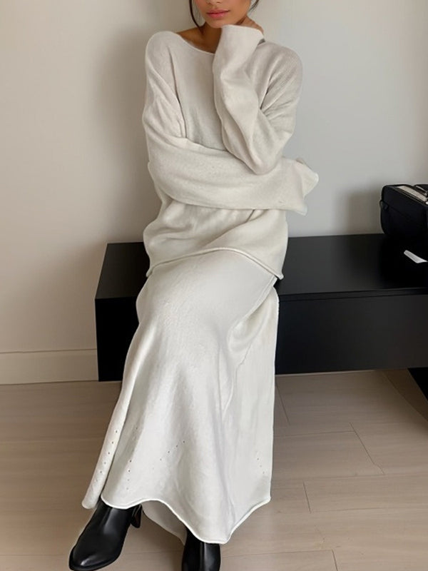 Loose Solid Color Long Sleeves Round-neck Sweater Top + Skirt Two Pieces Set