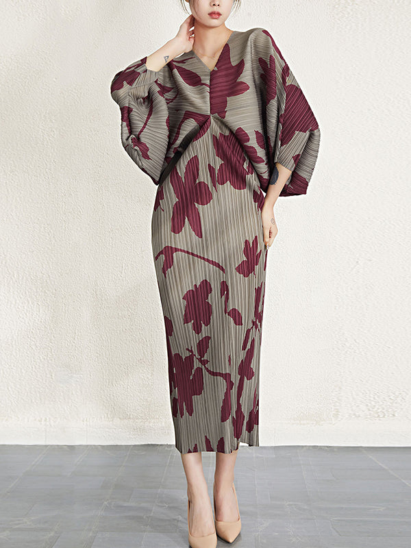 Pleated Printed Batwing Sleeves Loose V-Neck Midi Dresses