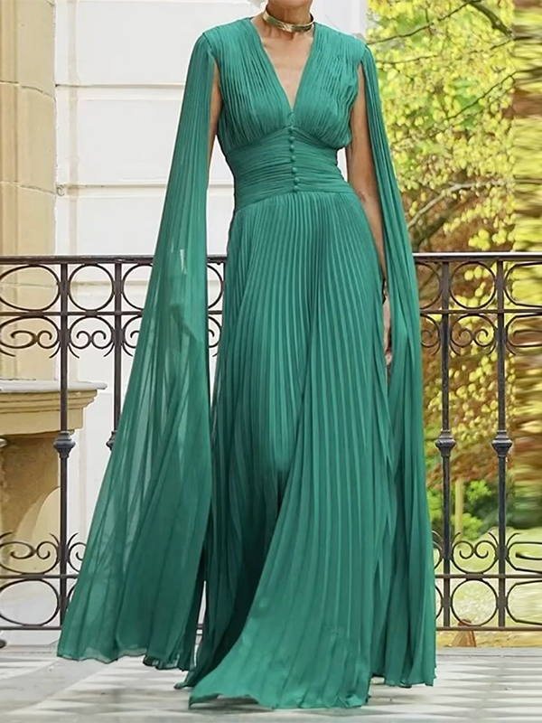 Long Sleeves Pleated Solid Color V-Neck Maxi Dresses