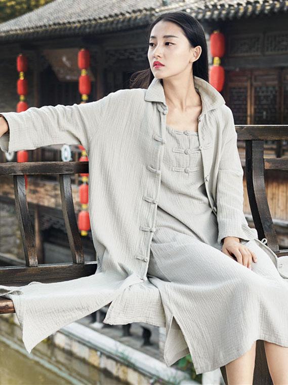 Black&Light gray Split-side Vintage Linen Outwear