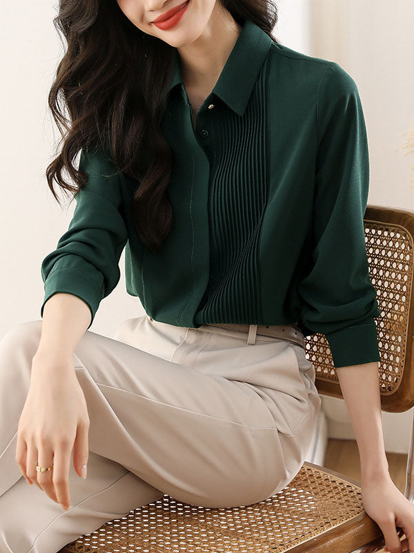 Buttoned Pleated Solid Color Long Sleeves Loose Lapel Blouses&Shirts Tops