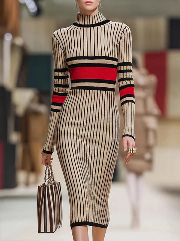 Contrast Color Striped Long Sleeves Skinny High Neck Sweater Dresses Midi Dresses