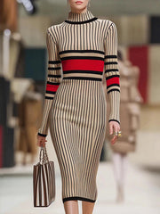 Contrast Color Striped Long Sleeves Skinny High Neck Sweater Dresses Midi Dresses