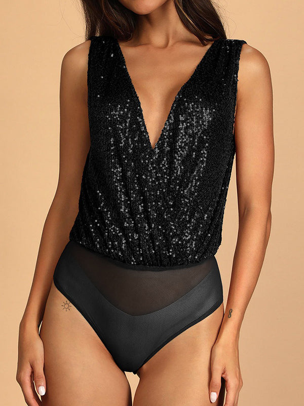 High-Waisted See-Through Sequined Split-Joint Skinny Sleeveless V-Neck Bodysuits