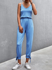 Elasticity Pleated Solid Color Tied Sleeveless Spaghetti-Neck Jumpsuits