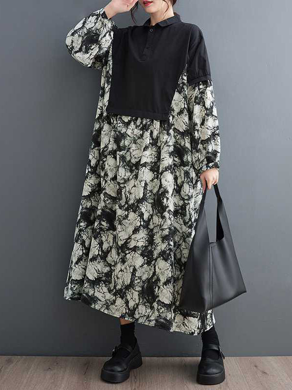 Buttoned Printed Split-Joint Long Sleeves Loose Lapel Midi Dresses