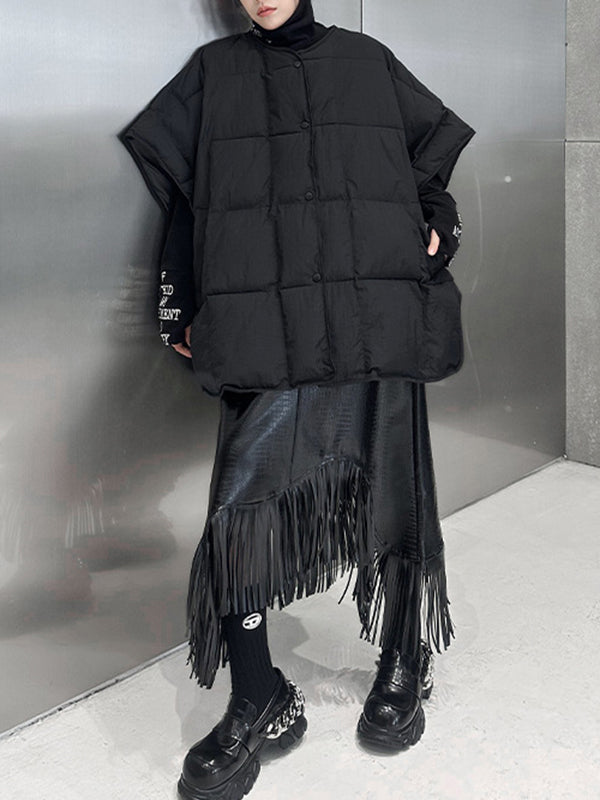 Buttoned Solid Color Batwing Sleeves Half Sleeves Round-Neck Padded Vest