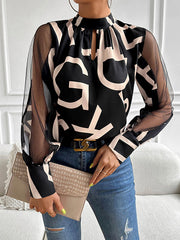 Hollow Letter Print Mesh See-Through Long Sleeves Round-neck Shirts Tops Blouses&shirts Tops