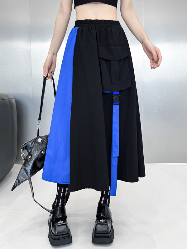 Asymmetric Contrast Color Split-Joint Lapel Blouses&Shirts Tops + A-Line Elasticated Waist Pockets Streamer Skirts Bottoms Two Pieces Set