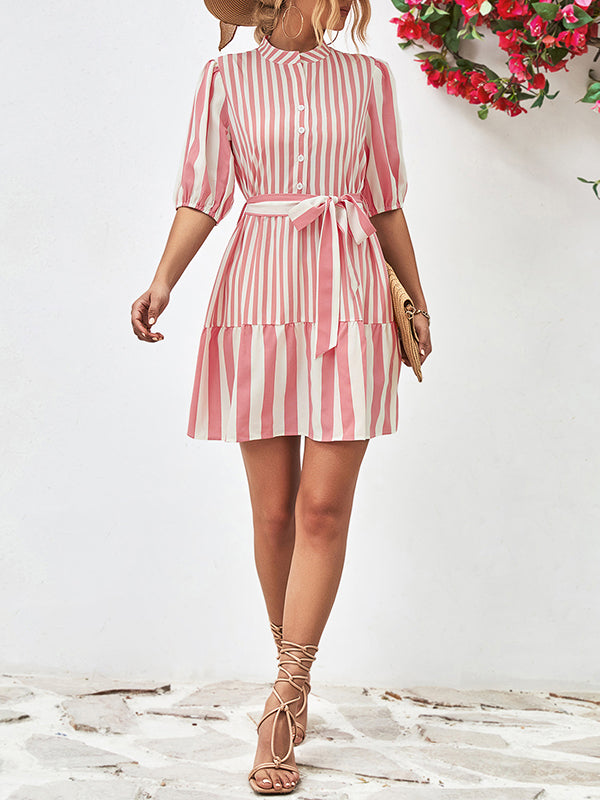Buttoned Striped Half Sleeves Loose Stand Collar Mini Dresses