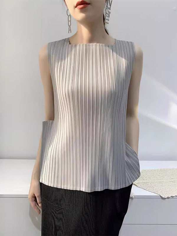 Pleated Solid Color Split-Joint Loose Sleeveless Square-Neck Vest Top