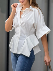 Half Sleeves Loose Buttoned Solid Color Lapel Blouses&Shirts Tops