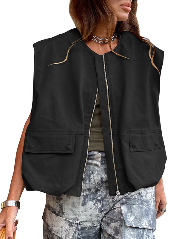 Pockets Split-Joint Zipper Loose Sleeveless Round-Neck Vest Outerwear