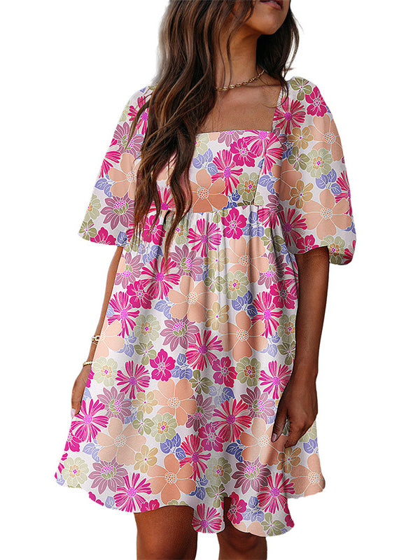Elasticity Flower Print Pleated Split-Joint Zipper A-Line High Waisted Square-Neck Mini Dresses