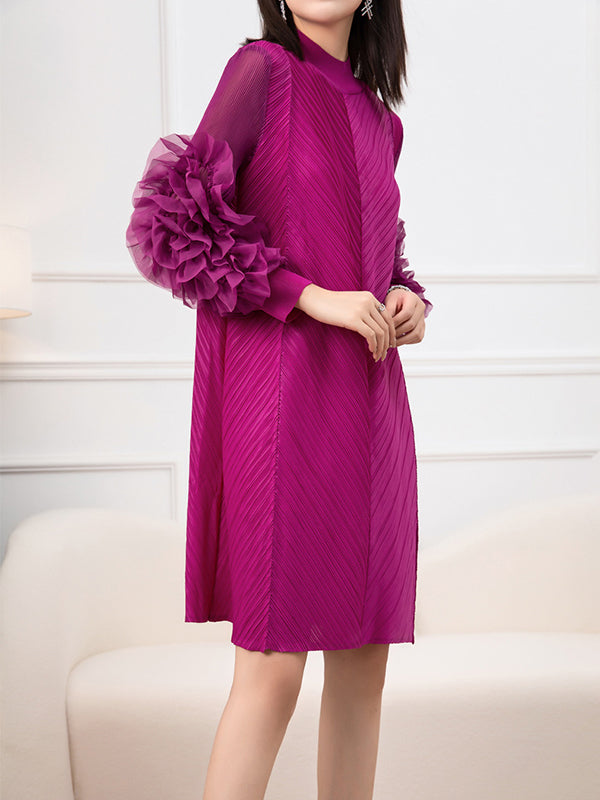 Embroidered Pleated Solid Color Long Sleeves Loose Round-neck Midi Dresses