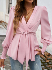Elasticity Knot Solid Color Long Sleeves Loose V-Neck Blouses&Shirts Tops