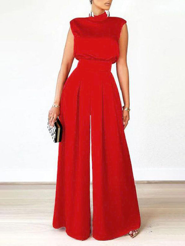 Casual Wide Leg Sleeveless Solid Color High-Neck Jumpsuits