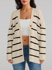 Split-Joint Striped Long Sleeves Loose V-Neck Cardigan Tops