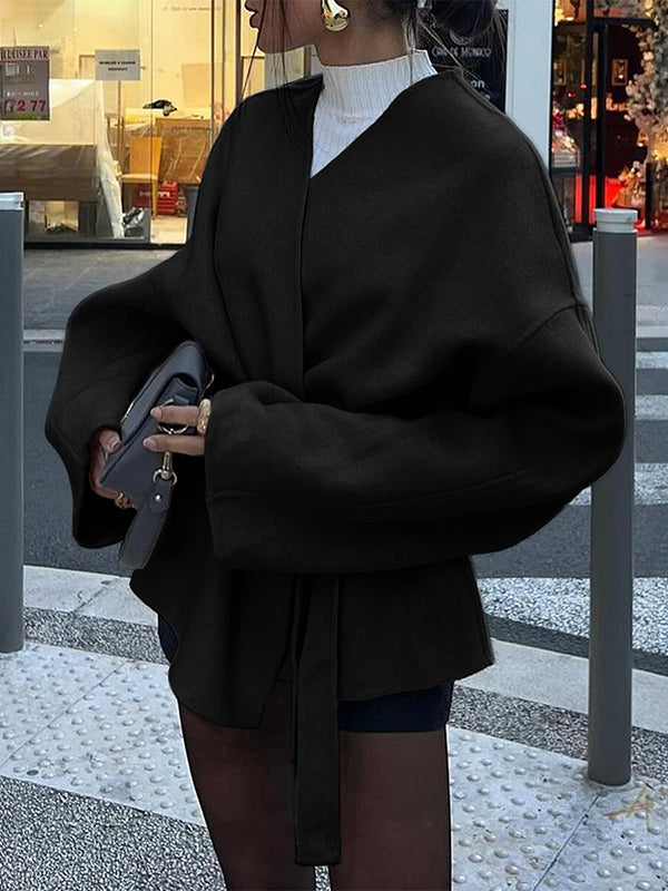 Solid Color Tied Waist Long Sleeves Loose V-Neck Outerwear