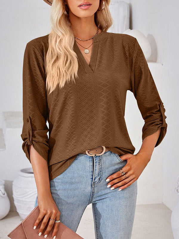 Jacquard Solid Color Loose Three-Quarter Sleeves V-Neck T-Shirts