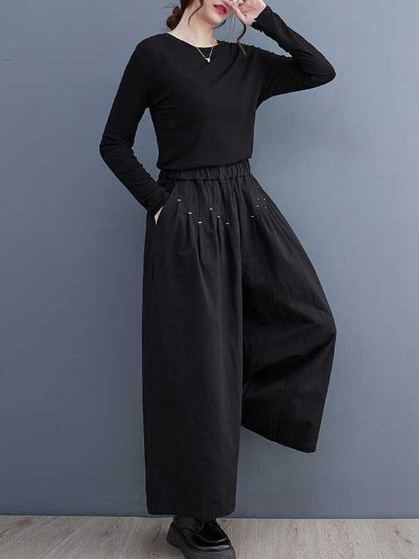 Elasticity Embroidered Pleated Loose Wide Leg Trousers Ninth Pants