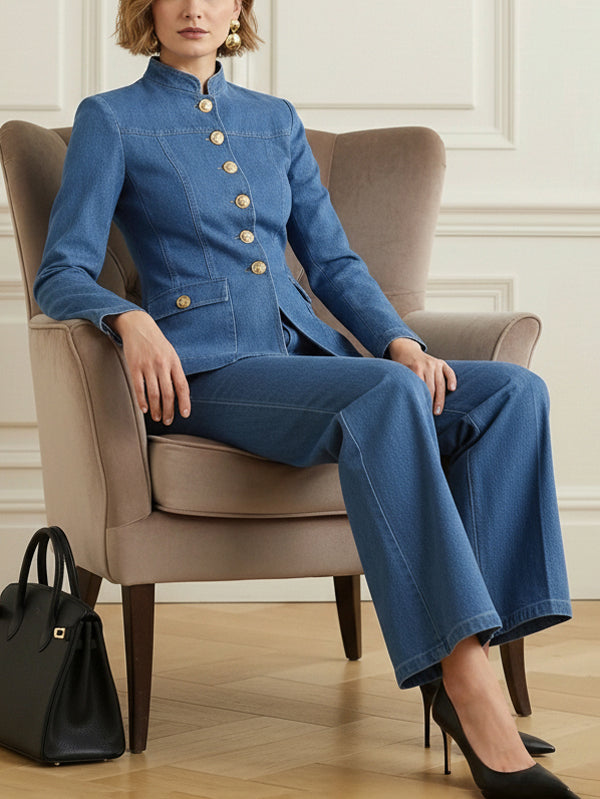 Buttoned Pockets Solid Color Long Sleeves Stand Collar Outerwear