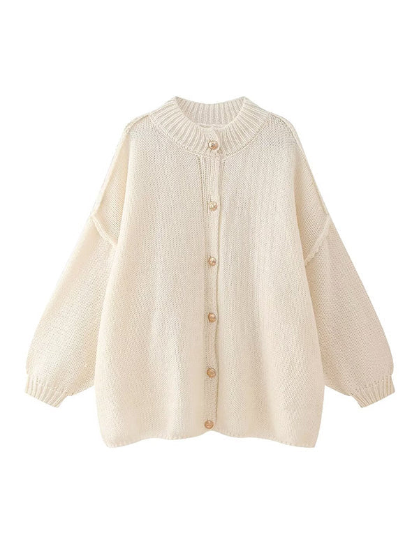 Buttoned Split-Joint Loose Puff Sleeves Round-neck Cardigan Tops