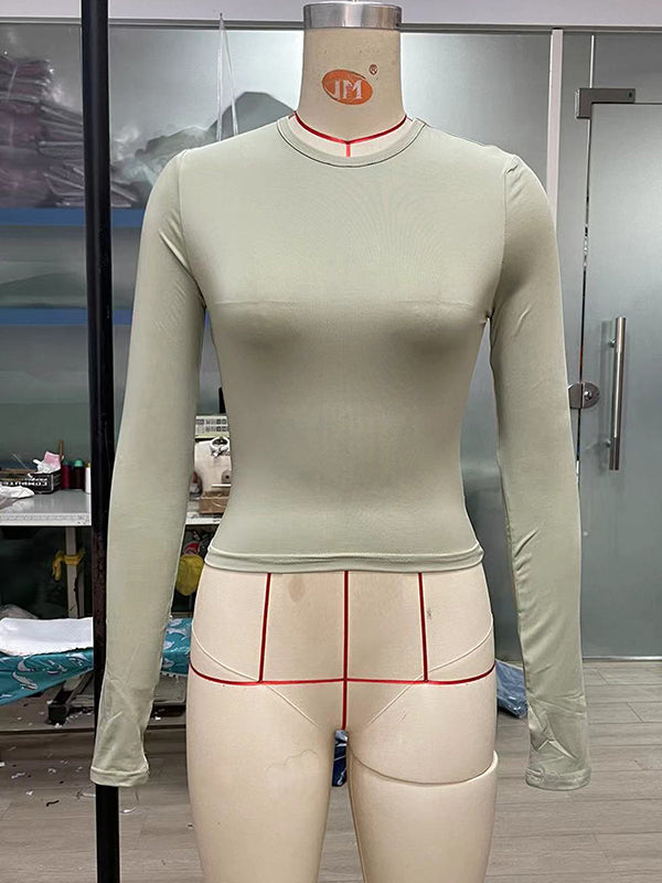 Hollow Solid Color Long Sleeves Skinny Round-Neck T-Shirts Tops