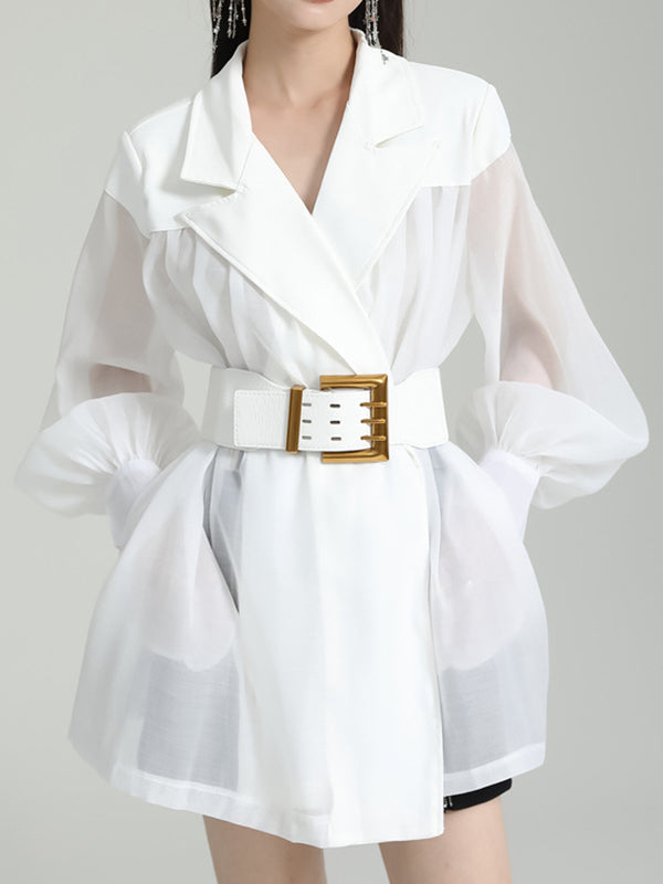 Belted See-Through Puff Sleeves Loose Lapel Blouses&shirts Tops