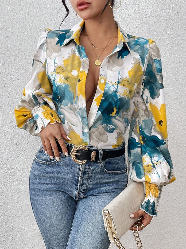 Buttoned Elasticity Flower Print Pleated Long Sleeves Loose Lapel Blouses&Shirts Tops