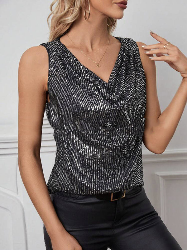 Sequined Shiny Solid Color Split-Joint Loose Sleeveless V-neck Vest Top