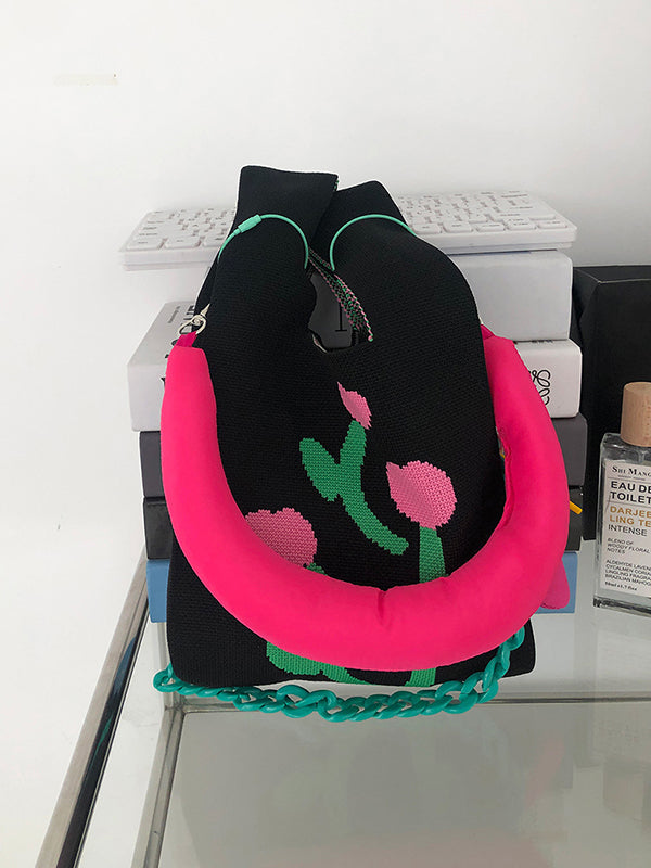 Chains Contrast Color Woven Handbags Bags