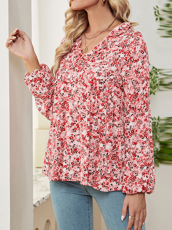 Flower Print Ruffled Long Sleeves Loose V-neck Blouses&shirts Tops