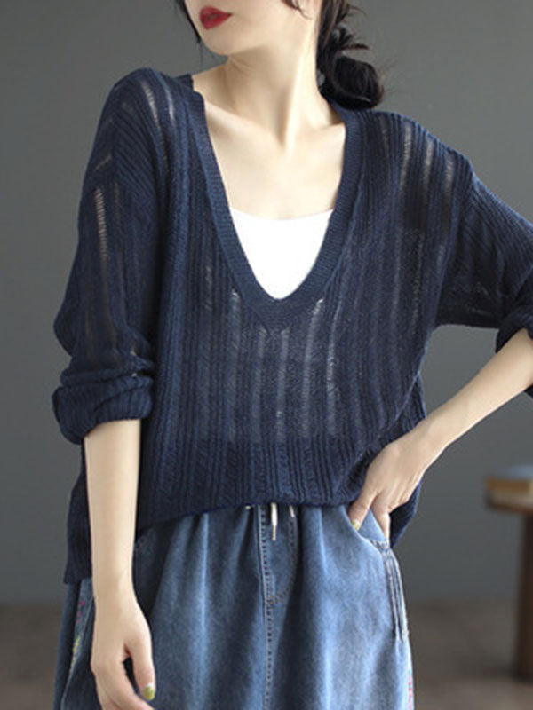 Hollow Solid Color Long Sleeves Loose V-Neck Pullovers