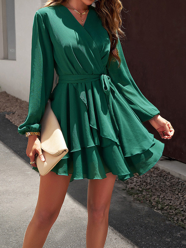 Ruffled Solid Color Tied Waist A-Line High Waisted V-Neck Mini Dresses