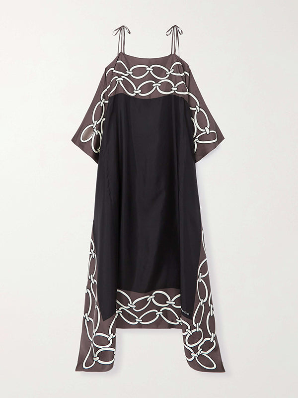Bandage Contrast Color Printed Loose Spaghetti-Neck Maxi Dresses