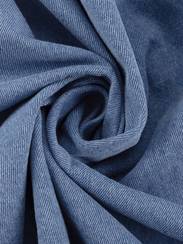 Long Sleeves Loose Split-Joint Tied Waist V-Neck Denim Mini Dresses